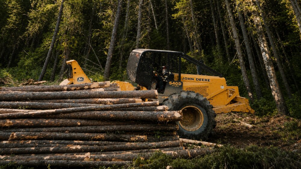 Family background photograph showing stacked logs and equipment in a wooded setting.