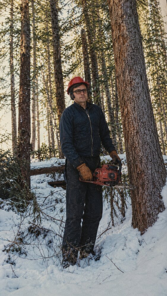 Family background photograph showing Joel's father holding a chainsaw in winter woods.