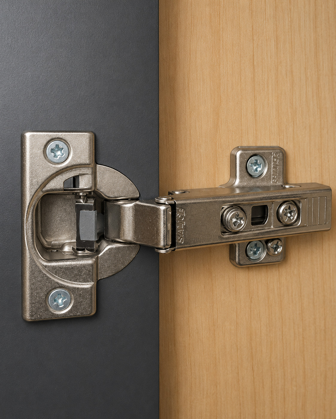 Close view of a concealed cabinet hinge connecting a dark cabinet door to a light wood cabinet interior.