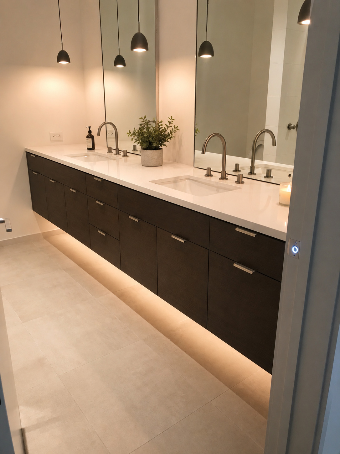 Dark floating double vanity with under-cabinet lighting, drawer fronts, mirrors, and wall-mounted faucets.