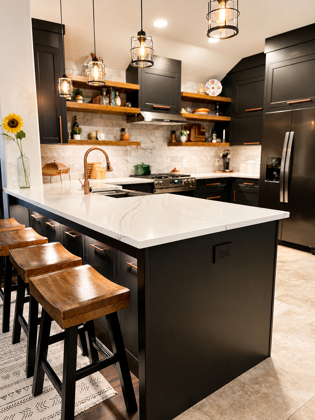 Finished dark kitchen with island seating, wood shelves, range hood, tile backsplash, and pendant lights.