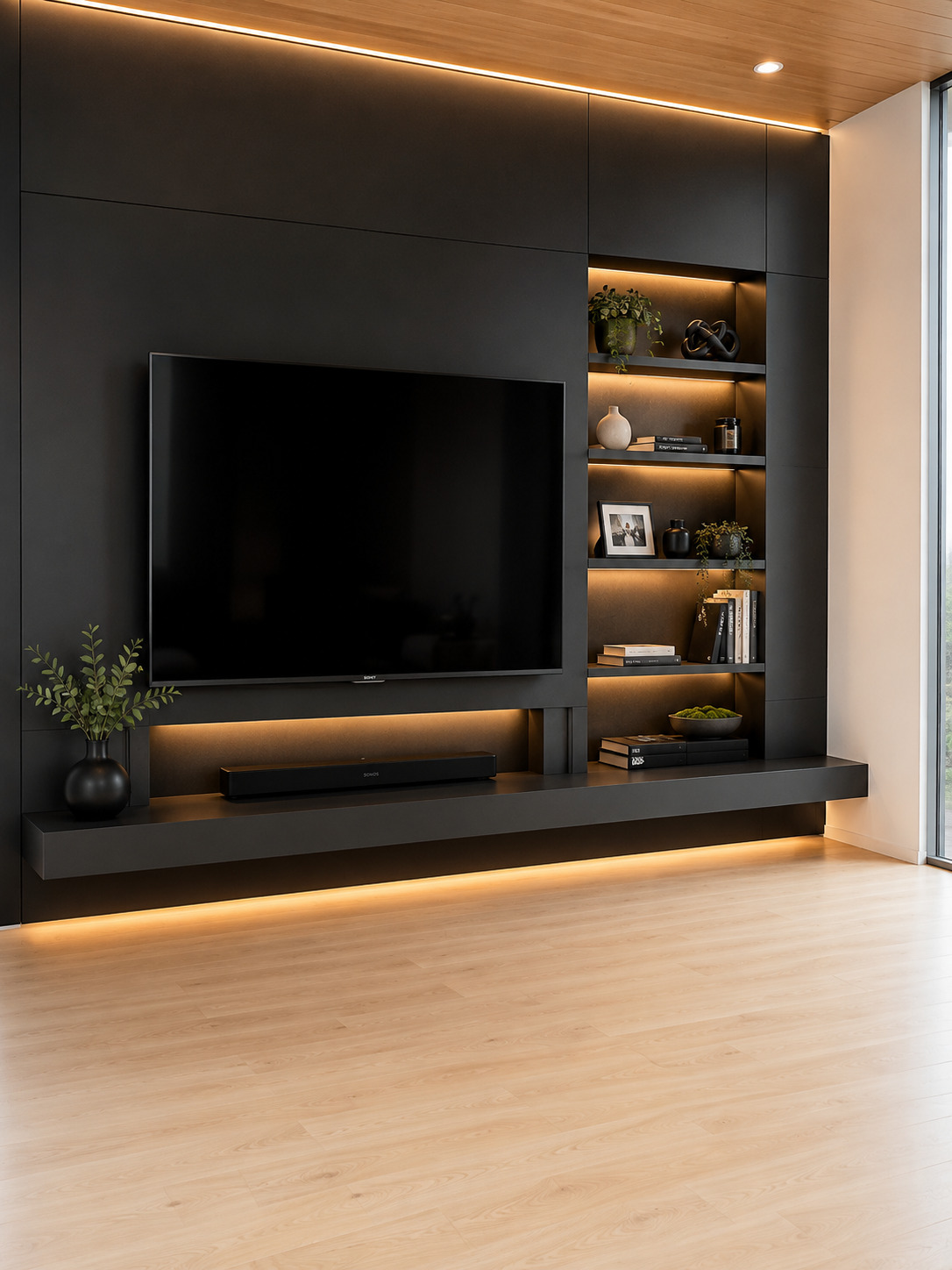 Dark media wall with television recess, integrated shelves, warm lighting, and wood ceiling surround.