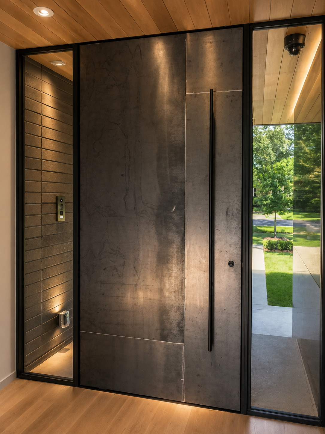 Large dark pivot door with tall handle, black frame, glass side panel, and wood ceiling above.