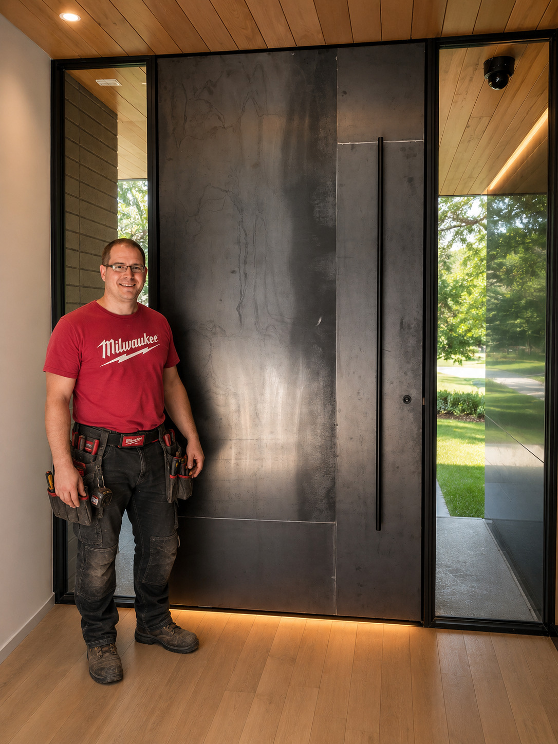 Joel Hodge standing beside a large dark pivot door with wood ceiling and glass side panel.