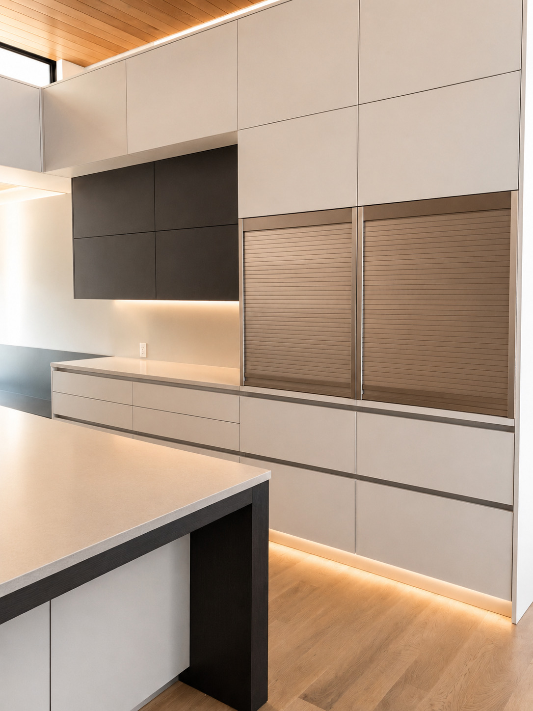 Modern light kitchen wall with flat-panel cabinets, tall panels, under-cabinet lighting, and wood flooring.