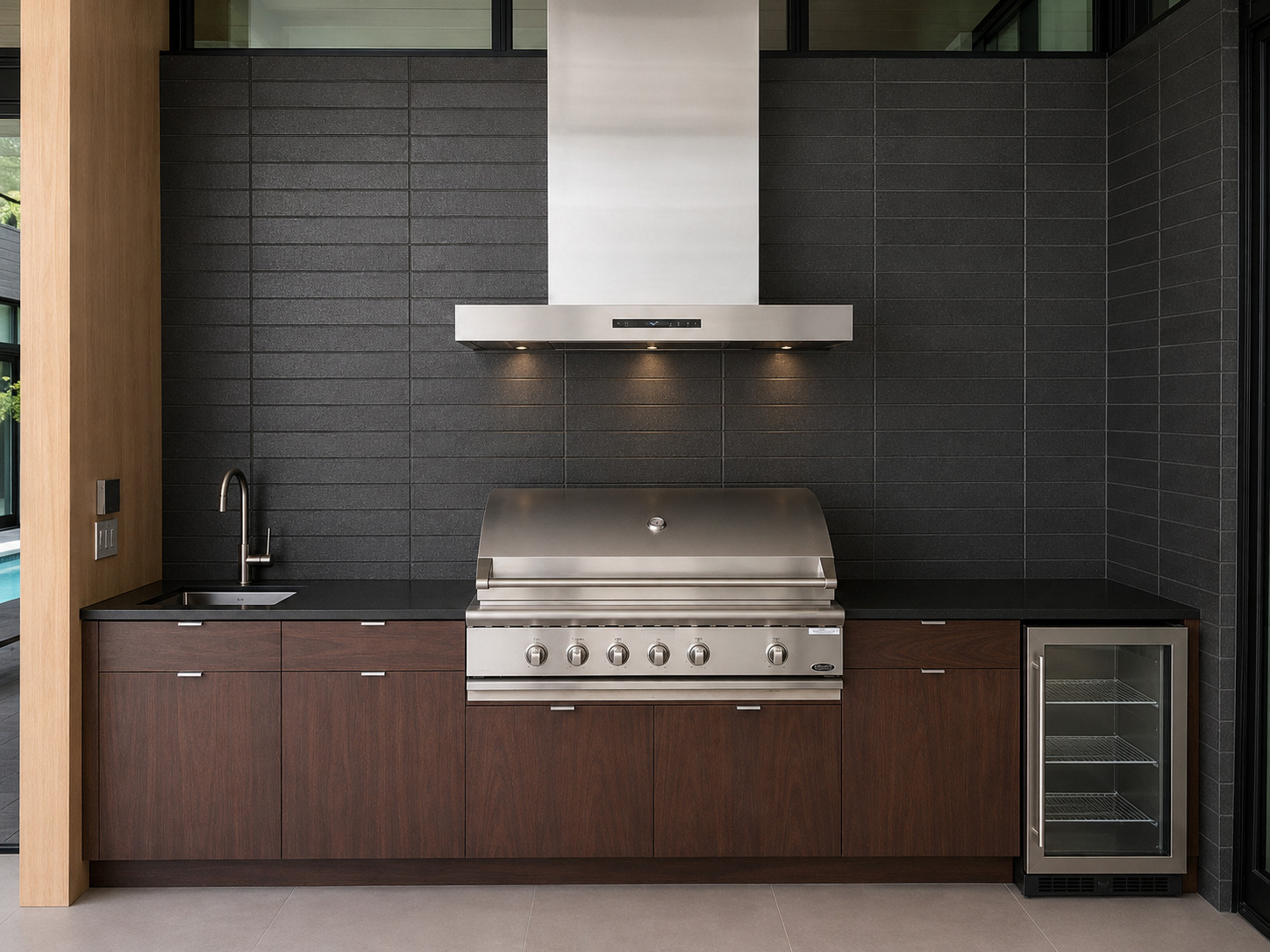 Outdoor kitchen grill run with dark vertical tile, wood-look cabinetry, stainless grill, and beverage refrigerator.