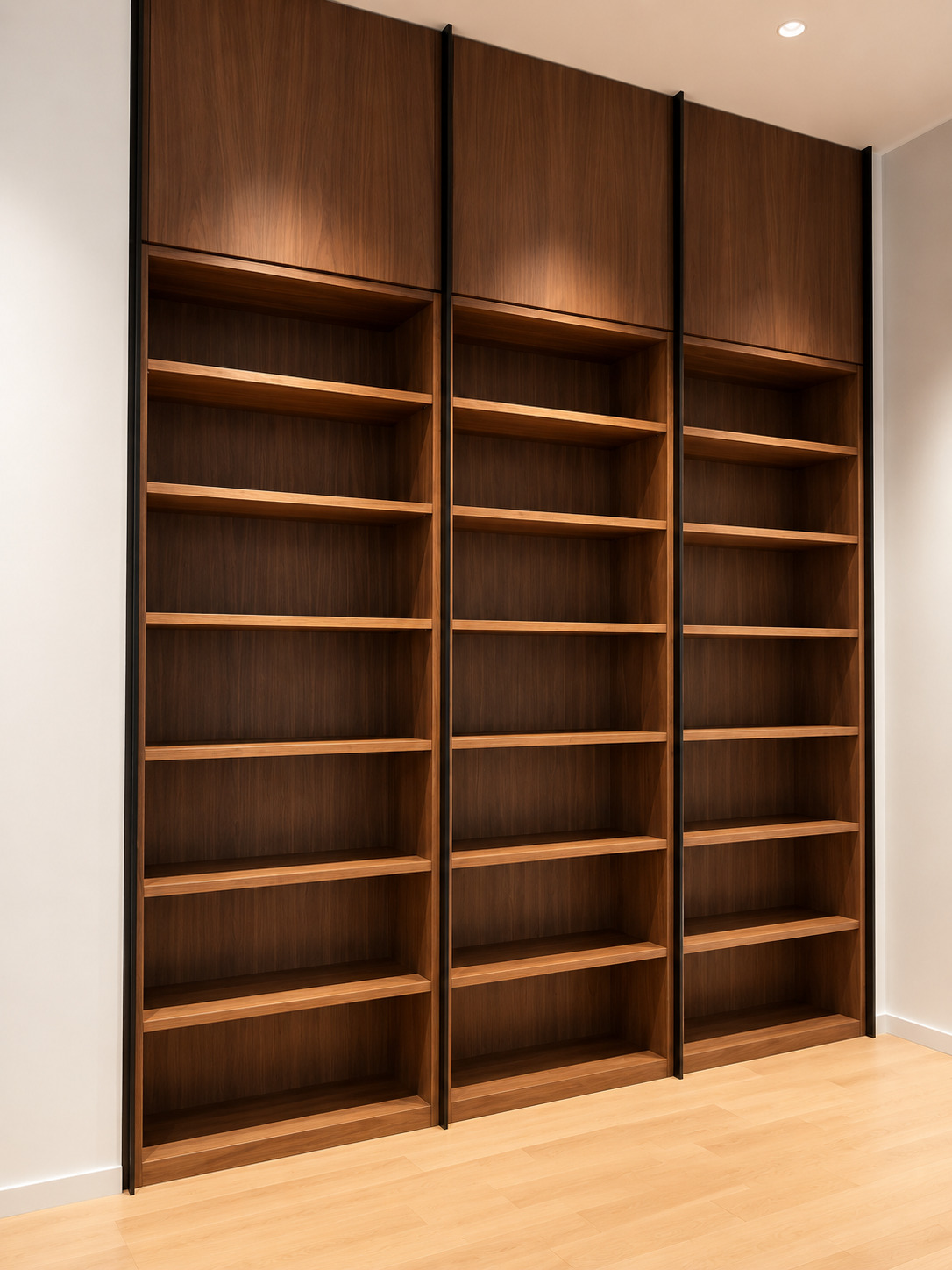 Tall wood shelving wall with repeated open shelves and vertical dividers.