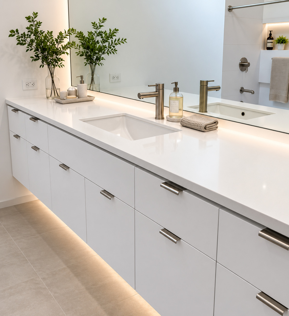White floating vanity with long counter, two sinks, wall-mounted faucets, under-lighting, and drawer fronts.