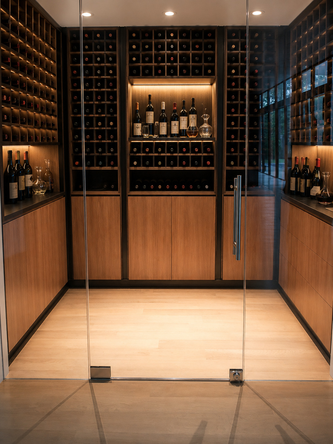 Wine room cabinetry with bottle storage, display shelves, glass doors, dark finish, and warm lighting.
