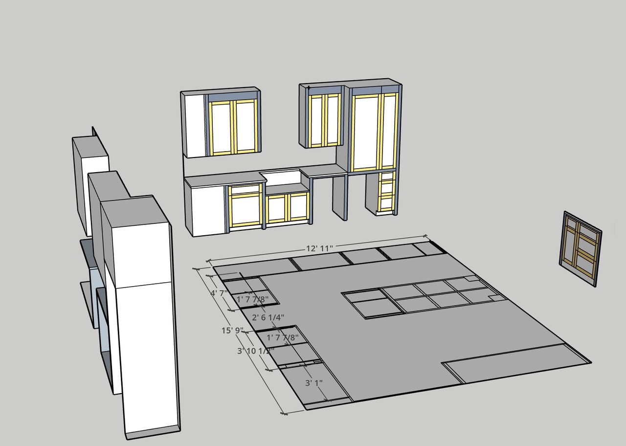 Layout drawing used to check vanity width, mirror locations, and cabinet proportions before field installation for a Joel Hodge project.