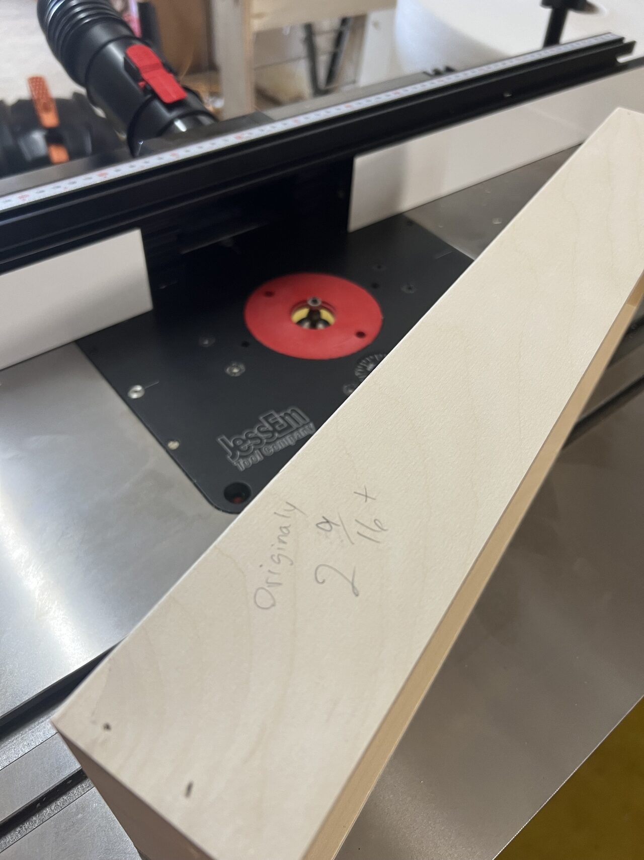 Router and table setup used to shape the curved profile parts before finish assembly for a Joel Hodge project.