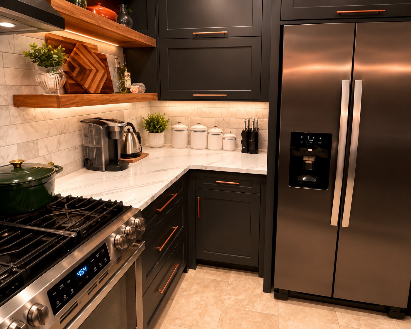 Dark kitchen corner with refrigerator, range wall, wood shelves, tile backsplash, and under-shelf lighting.