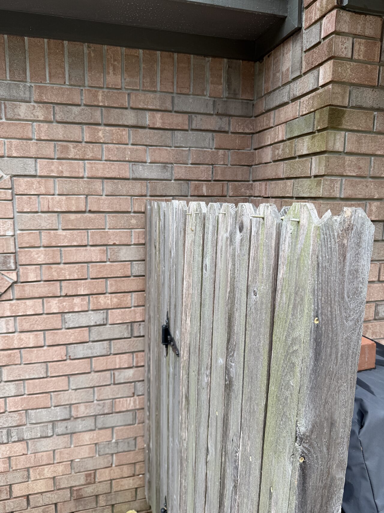 Fence, brick wall, and eave condition checked where access and exterior trim work meet for a Joel Hodge project.