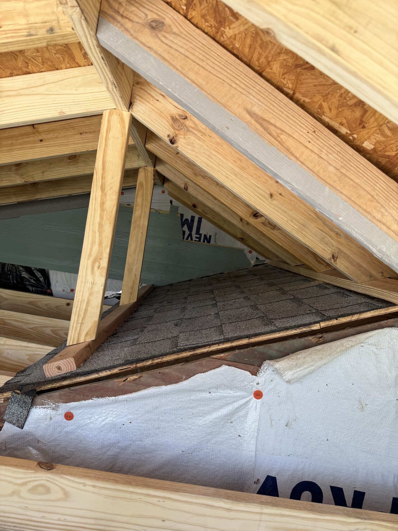 Rafter and roof tie-in detail checked with weather barrier in place above the exterior wall for a Joel Hodge project.