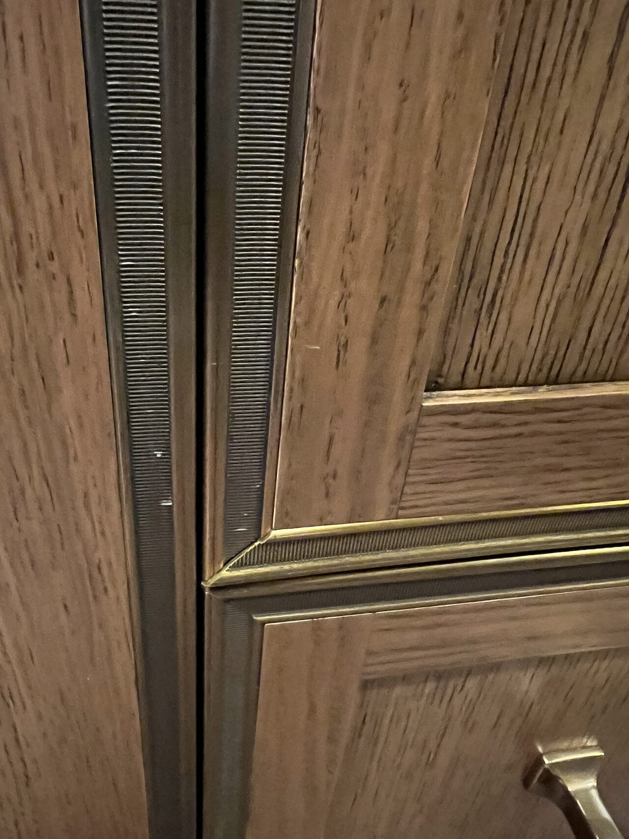 Close-up of stained door frame, panel profile, and narrow reveal at the cabinet edge for a Joel Hodge project.