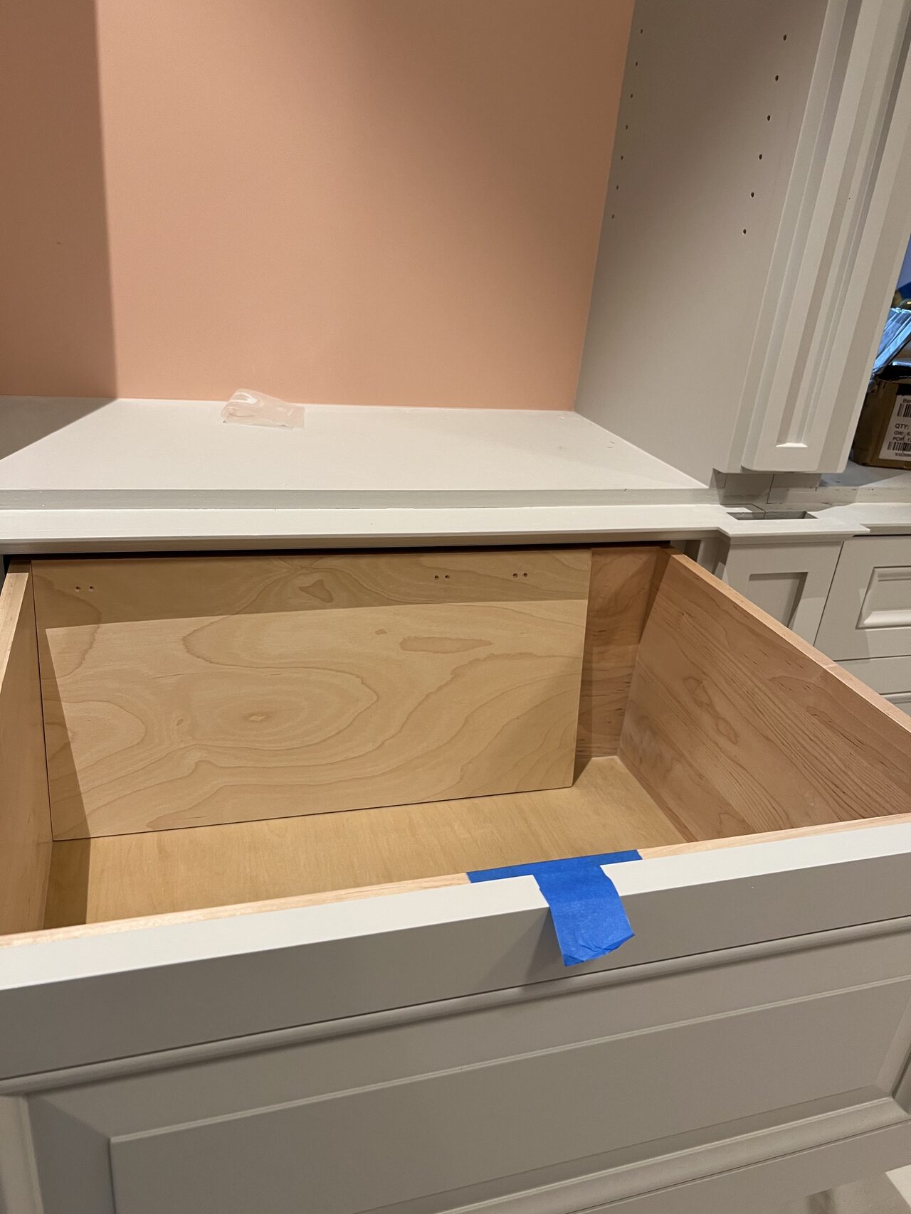Small vanity drawer box and cabinet opening reviewed for drawer fit and top clearance for a Joel Hodge project.