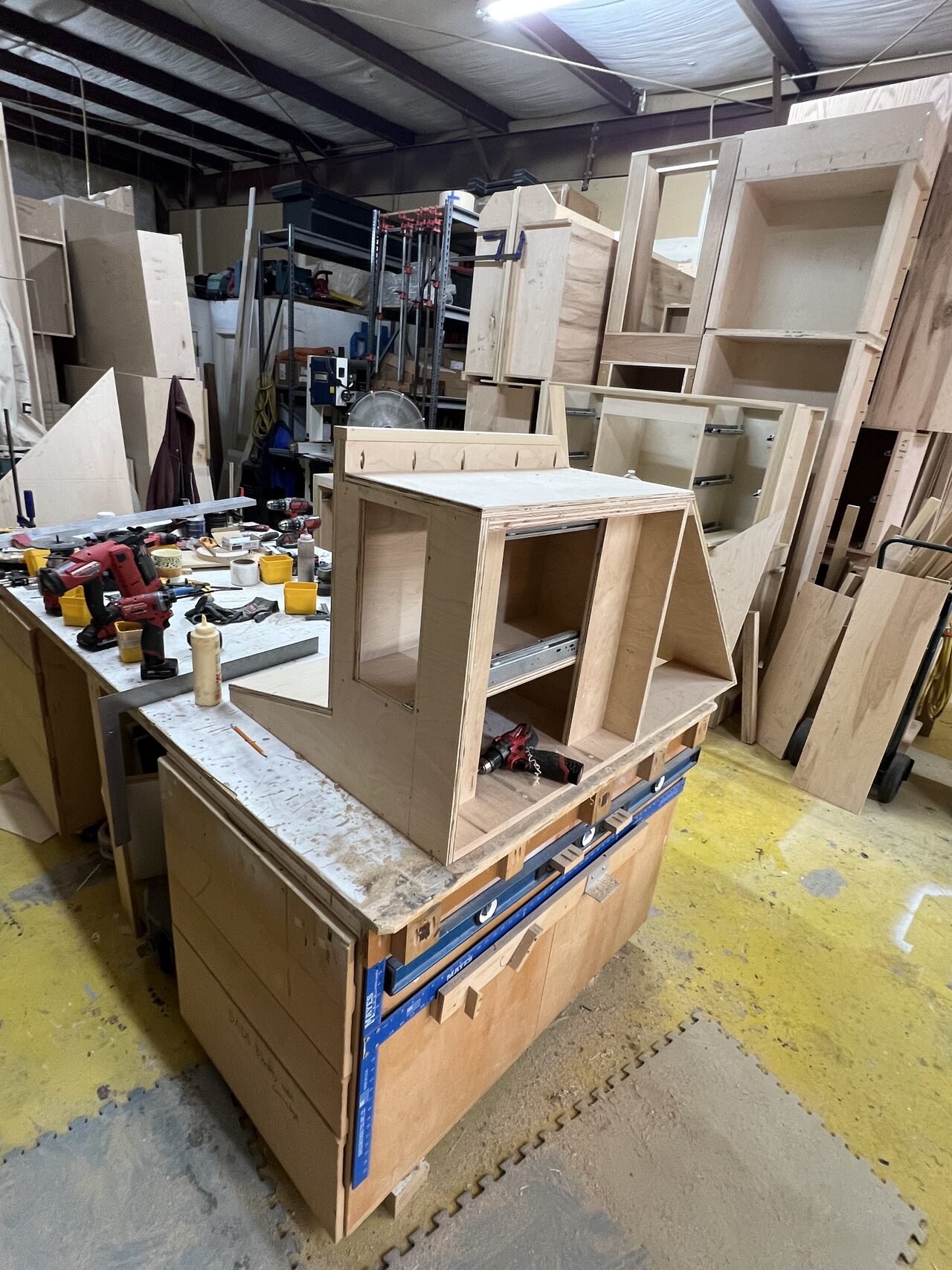 Storage cabinet box clamped on the workbench while the case was squared and fastened for a Joel Hodge project.