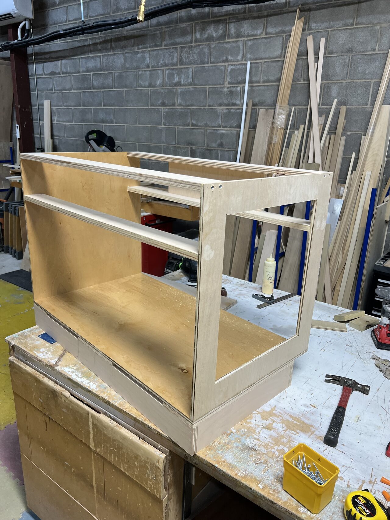 Shop-built vanity or cabinet frame checked on the bench before drawer and face installation for a Joel Hodge project.