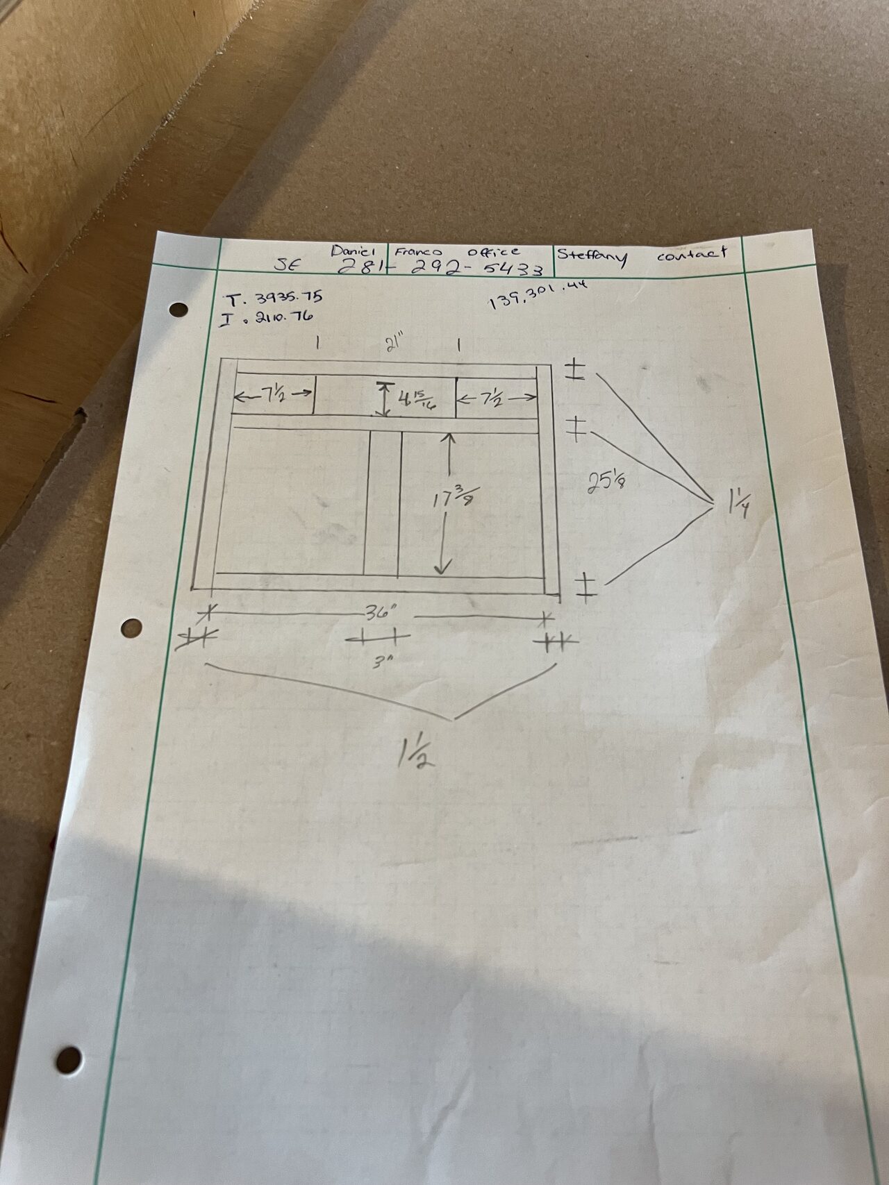 Cabinet drawing and dimension sheet used to verify measurements before fabrication for a Joel Hodge project.
